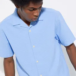 max Self Design Lapel Collar Short Sleeves Opaque Cotton Casual Shirt-image-47