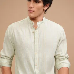 HIGHLANDER Men Relaxed Fit Band Collar Vertical Striped Casual Shirt-picture-8