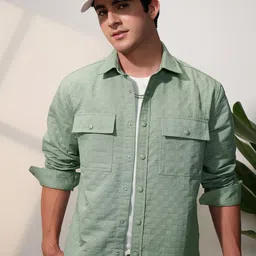 LOCOMOTIVE Premium Light Olive Embossed Textured Utility Pocket Oversized Overshirt-image-12