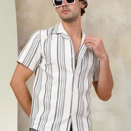 Indian Needle Classic Vertical Stripes Cuban Collar Cotton Casual Shirt-image-4