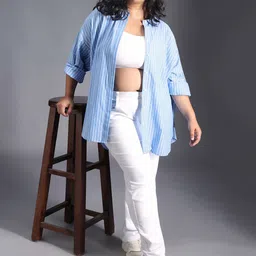 Freeform by High Star Classic Striped Spread Collar Curved Cotton Oversized Casual Shirt-14