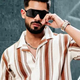 Maniac Comfort Vertical Striped Cuban Collar Drop-Shoulder Sleeves Oversized Casual Shirt-image-47