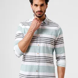 WROGN Men Green Slim Fit Horizontal Stripes Striped Casual Shirt-image-16