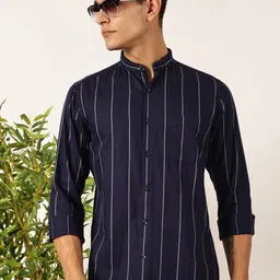 Mast & Harbour Men Premium Fit Band Collar Vertical Striped Cotton Casual Shirt-picture-37