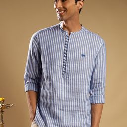 Andamen Premium Vertical Stripes Mandarin Collar Long Sleeves Linen Casual Shirt-image-45