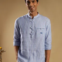 Andamen Striped Mandarin Collar Cuffed Sleeves Linen Straight Kurta-picture-44