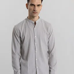 Snitch Grey Classic Band Collar Cotton Casual Shirt-image-74