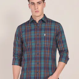 U S Polo Assn Men Teal Blue & Brown Checked Pure Cotton Casual Shirt-image-6