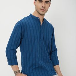 Mufti Slim Fit Striped Mandarin Collar Pure Cotton Casual Shirt-image-8