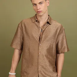 HIGHLANDER Self Design Drop-Shoulder Sleeves Crochet Oversized Casual Shirt-picture-14