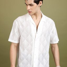 HIGHLANDER White Oversized Geometric Self Design Cuban Collar Casual Crochet Shirt-image-88