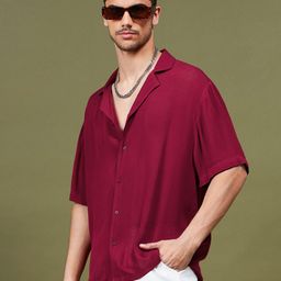 MASCLN SASSAFRAS Maroon Cuban Collar Relaxed Casual Shirt-image-22