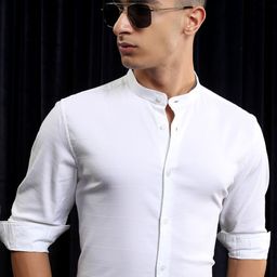 HIGHLANDER Men Mandarin Collar Solid Cotton Casual Shirt-image-96
