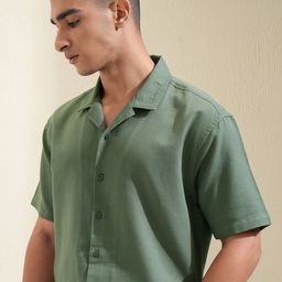 HIGHLANDER Men Cuban Collar Solid Cotton Relaxed Fit Casual Shirt-picture-2