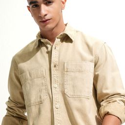 HIGHLANDER Beige Cutaway Collar Chest Pocket Oversized Cotton Casual Shirt-picture-11