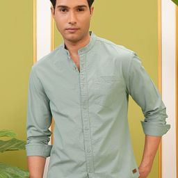 LOCOMOTIVE Premium Green Solid Seersucker Mandarin Collar Relaxed Shirt-image-99