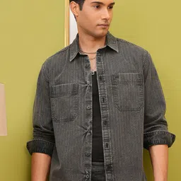LOCOMOTIVE Premium Black Washed Textured Utility Pocket Oversized Overshirt-image-66