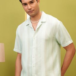 LOCOMOTIVE Premium Light Green Dobby Textured Striped Cuban Collar Relaxed Shirt-image-2