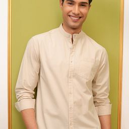 LOCOMOTIVE Premium Cream Seersucker Mandarin Collar Relaxed Shirt-image-43