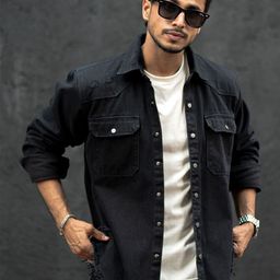 Powerlook Black Spread Collar Relaxed Fit Cotton Denim Shacket-image-39