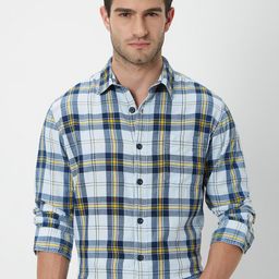 Mufti Slim Fit Tartan Checks Cotton Linen Casual Shirt-image-64