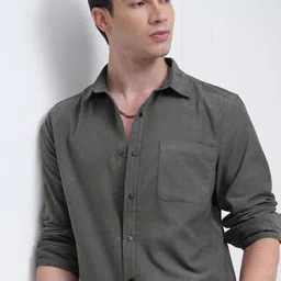 HIGHLANDER Men Spread Collar Solid Cotton Slim Fit Casual Shirt-image-99