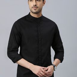 HERE&NOW Black Band Collar Classic Slim Fit Cotton Linen Casual Shirt-image-62