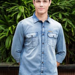 Bushirt Comfort Spread Collar Denim Weave Pure Cotton Casual Shirt-image-35