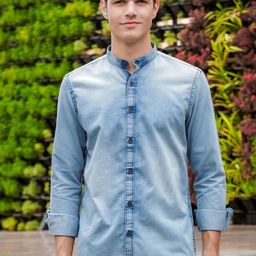 Bushirt Comfort Band Collar Denim Weave Pure Cotton Casual Shirt-image-34