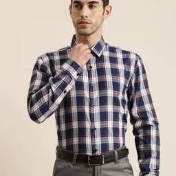 SOJANYA Men Navy Blue & White Classic Regular Fit Checked Pure Cotton Formal Shirt-image-29