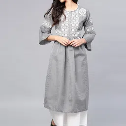 Bhama Couture Women Grey Pleated Thread Work Kurta with Palazzos-picture-41
