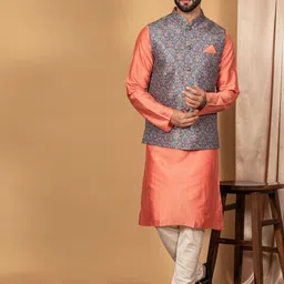 KISAH Men Blue Printed Kurta Jacket Set-picture-36