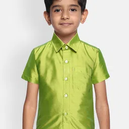 THANGAMAGAN Boys Lime Green Regular Fit Solid Ethnic Silk Shirt-picture-3