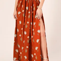 DressBerry Floral Printed Side Slit Flared Long Skirt-28