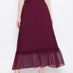 Bitterlime Women Burgundy Embellished Flared Maxi Skirt-picture-20