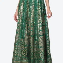 Biba Women Green & Golden Embellished Flared Maxi Skirt-image-26