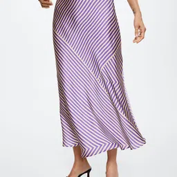 MANGO Women Beige & Purple Striped Satin Finish Flared Midi Skirt-image-42