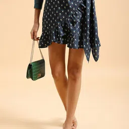 Tokyo Talkies Navy Blue Floral Printed Mini Wrap Skirt-image-11