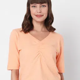 Vero Moda Women Peach-Coloured V-Neck Raw Edge T-shirt-image-48