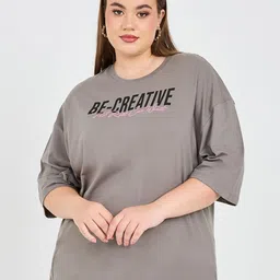 Styli Plus Size Typography Print Drop-Shoulder Sleeves Cotton Oversized T-shirt-image-6
