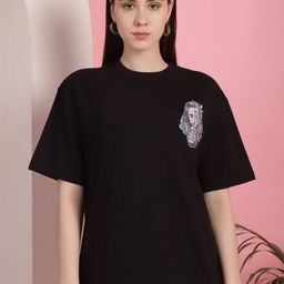 Fabflee Women Printed Mandarin Collar Raw Edge T-shirt-image-74