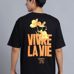 DOOR74 Typography Printed Short Sleeves Raw Edge Cotton Oversized T-shirt-image-5