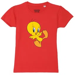 Looney Tunes by Wear Your Mind Girls Red Looney Tunes Printed Puff Sleeves Pure Cotton T-shirt-25