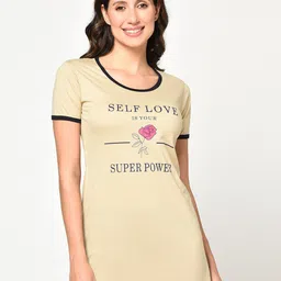 CUSHYBEE Women Camel Brown Typography Printed Cotton T-shirt-4