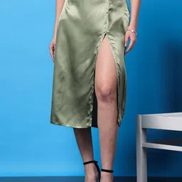 Cation Olive Green Opulence High Rise Satin Straight Midi Skirt With Front Slit-image-97