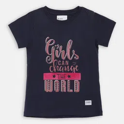 Blue Giraffe Girls Navy Blue Printed Round Neck T-shirt-image-47
