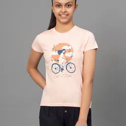 Mode by Red Tape Girls Peach-Coloured Printed Round Neck T-shirt-image-84