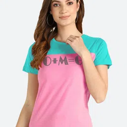shashvi Women Pink & Blue Typography Printed Embellished Cotton T-shirt-image-99