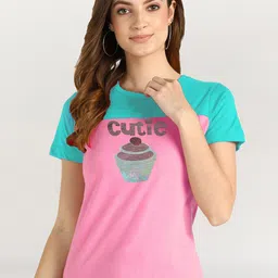 shashvi Women Pink & Sea Green Embellished Typography Printed T-shirt-picture-11