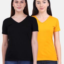 Fleximaa Women Black & Yellow 2 V-Neck T-shirt-image-50